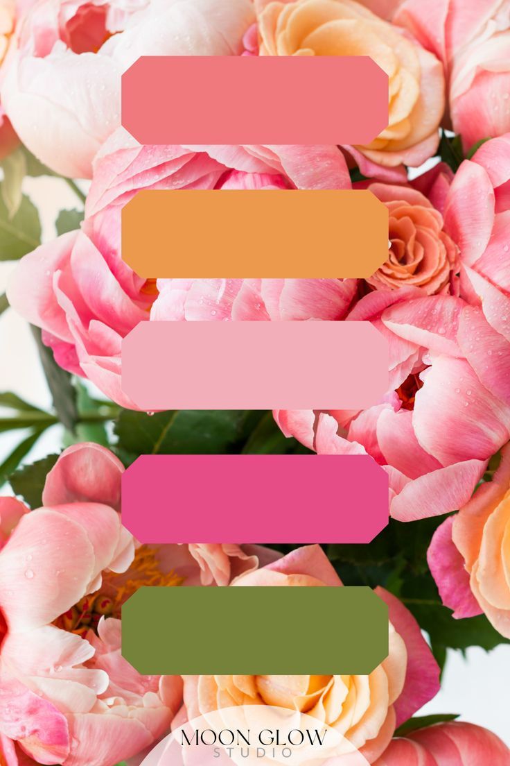 Pink Orange Pastel Bright Peonies Flowers Color Inspiration Palette Floral Wedding Color Palettes, Pink Orange Wedding Colors, Hot Pink And Orange Wedding Theme, Bright Wedding Colour Schemes, Sage Orange Fuchsia Wedding, Floral Inspiration Board, Pink And Green Wedding Color Palette, Bridal Shower Colors Palette, Spring Pink Color Palette