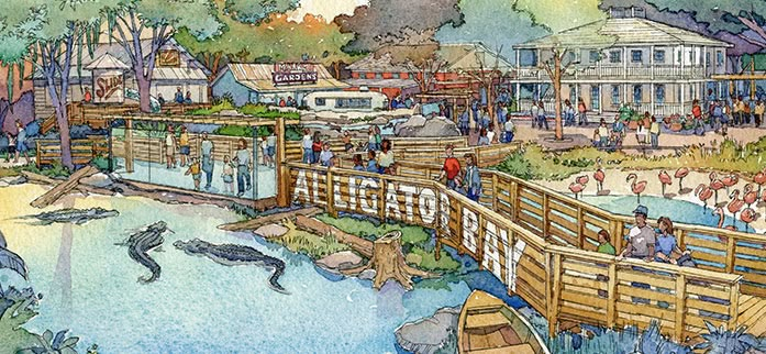 an artist's rendering of a river scene with people on the bridge and in the water