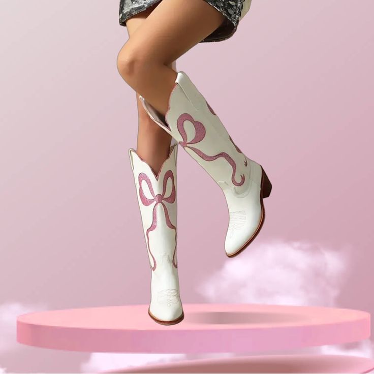 Brand New Boutique Cowgirl Boots Coquette Styles Vegan Leather Block Heel Painted Boots, Pink Cowboy Boots, Bow Boots, Leather Block Heels, Christmas Wishlist, Cowgirl Boots, Pink Bow, Cowboy Boots, Block Heels