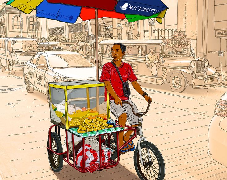 a man riding a bike with a cart full of bananas under an umbrella