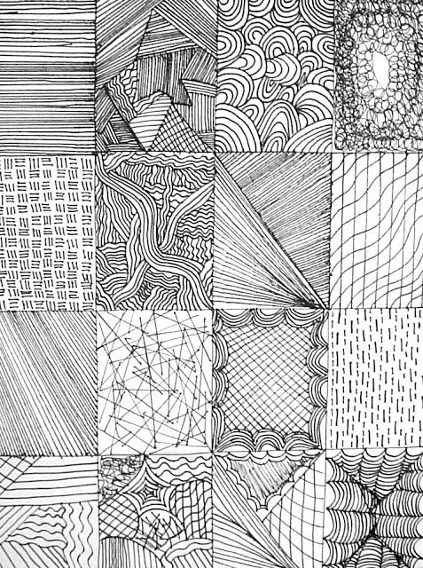 black and white drawing of many different patterns