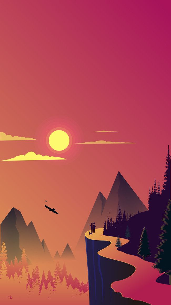 a sunset scene with mountains, trees and a bird flying in the sky over a river