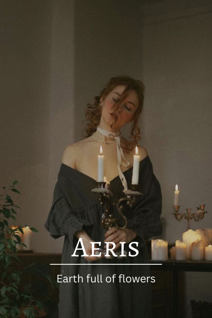 a woman standing in front of candles with the caption aeris earth full of flowers