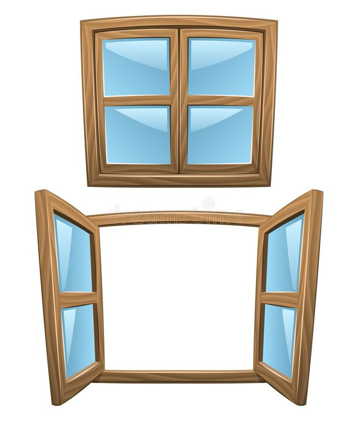 an open and closed wooden window with blue glass on the outside, isolated against a white background