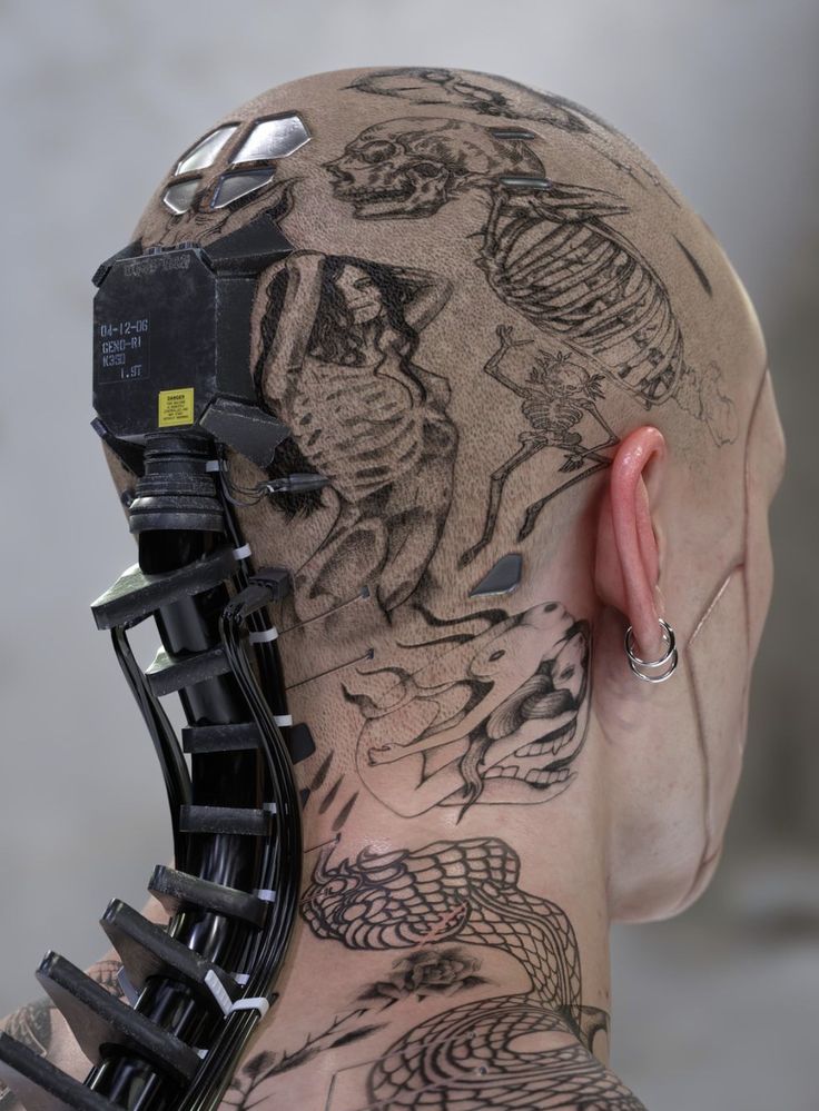 a man with tattoos on his head and behind the neck is a machine that has been attached to it