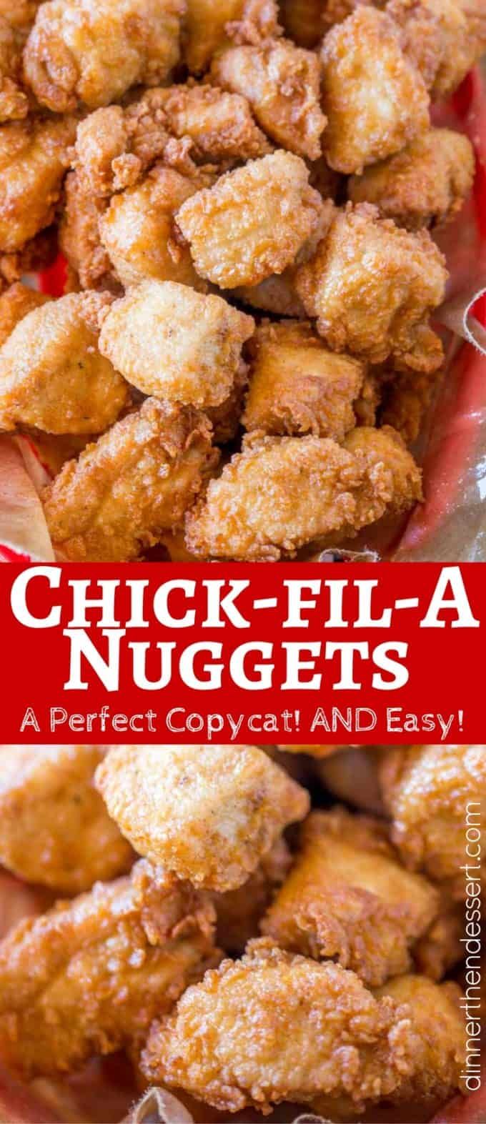 chicken nuggets on a red plate with text overlay that reads, chick - fil - a nuggets a perfect copycat and easy