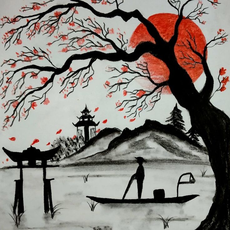 a drawing of a man in a boat under a tree with the sun setting behind him