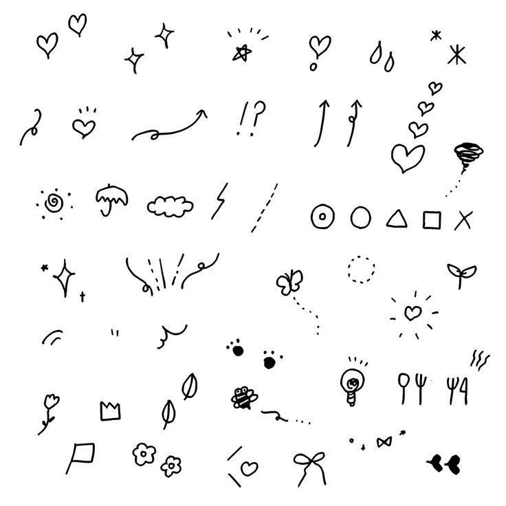 various hand drawn symbols are shown in black and white, including hearts, arrows, stars,