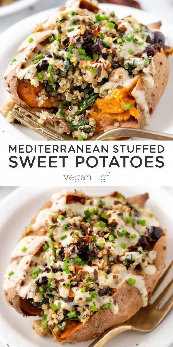 two different types of stuffed sweet potatoes with meat and veggies on them are shown