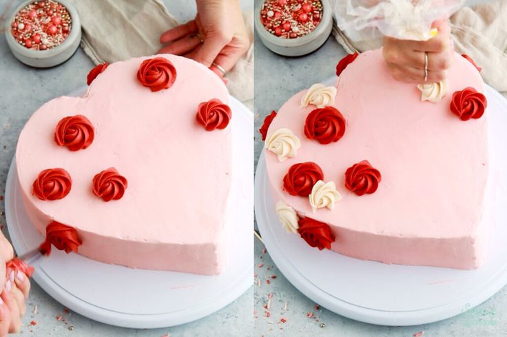 two heart shaped cakes with red and white frosting on them, one being cut