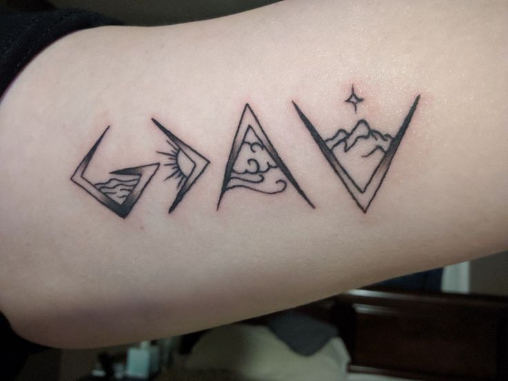 a person with a tattoo on their arm that has three triangles in the shape of mountains