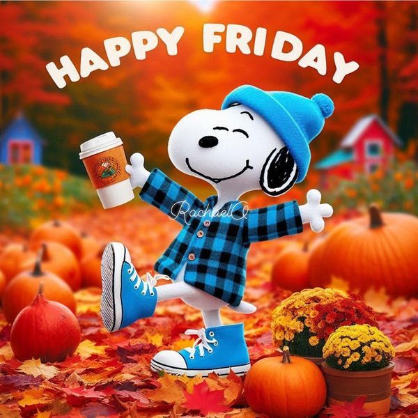 a charlie the peanuts character holding a cup of coffee in front of fall leaves and pumpkins