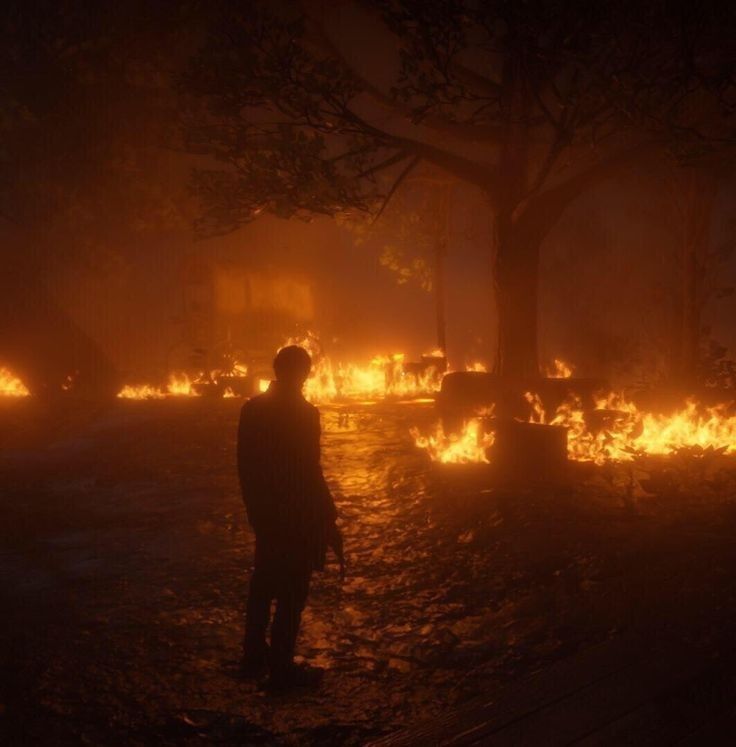 a man standing in front of a fire filled forest at night with lots of flames