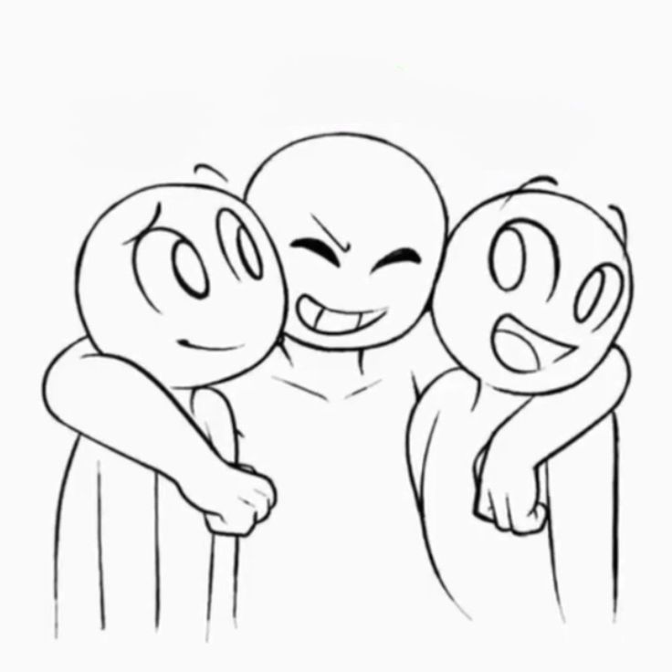 three cartoon characters hugging each other with their faces drawn in black and white, on a white background