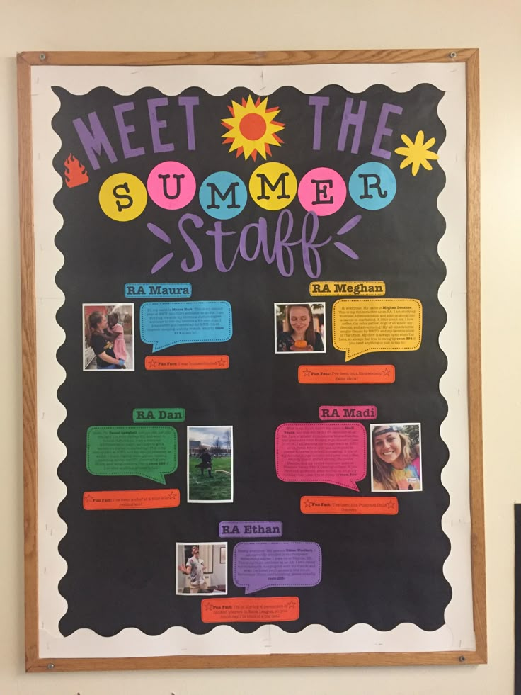 a bulletin board that has been decorated with different types of speech bubbles and the words meet the summer stark on it