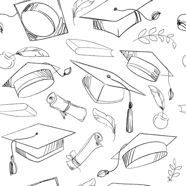 a black and white drawing of graduation caps and diplomas