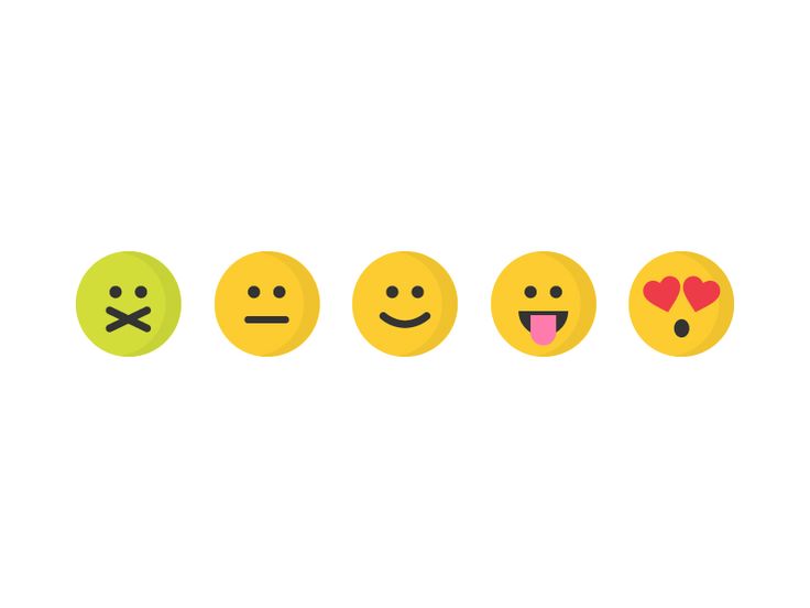 four smiley faces with different expressions in the same row, one has a heart on it