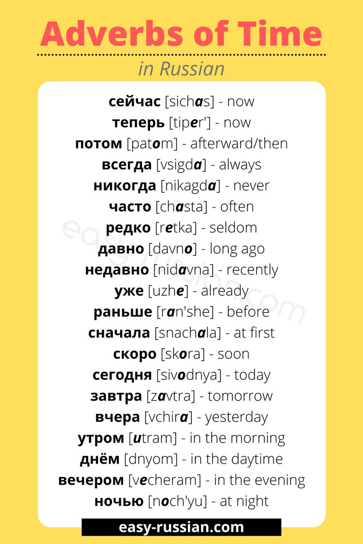 the words in russian and english are arranged on a yellow background with white lettering that reads adverbs of time