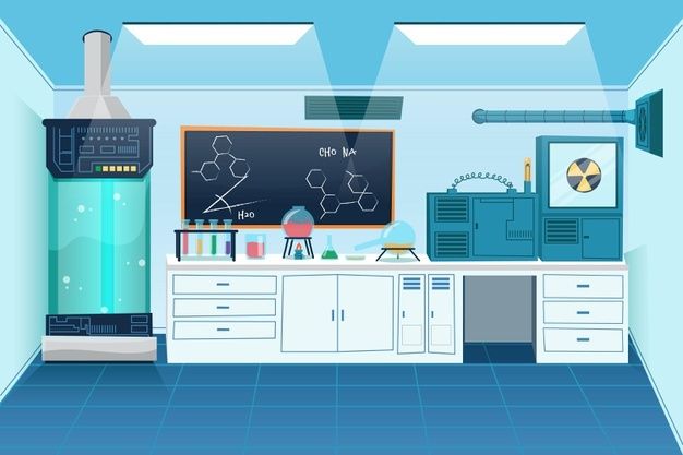 an illustration of a science lab with blackboard in the wall and cabinets on both sides