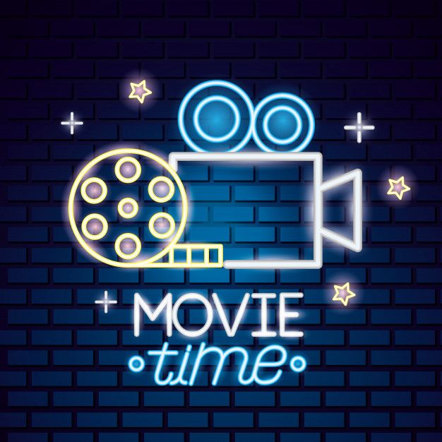 movie time neon sign with film reel and clapper on brick wall background stock photo