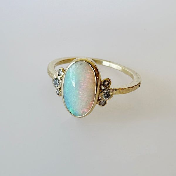 14K Australian Opal Ring w/ Diamond Whiskers Unique Opal Ring With Accent Stones, One Of A Kind Oval Opal Ring For Anniversary, Unique Opal Gemstone Rings, Unique Handmade Ethiopian Opal Ring, Unique Multi-stone Oval Opal Ring, Unique Multi-stone Opal Rings, Artisan Hand Forged Oval Ring, Unique Oval Opal Ring For Promise, Unique Oval Multi-stone Rings