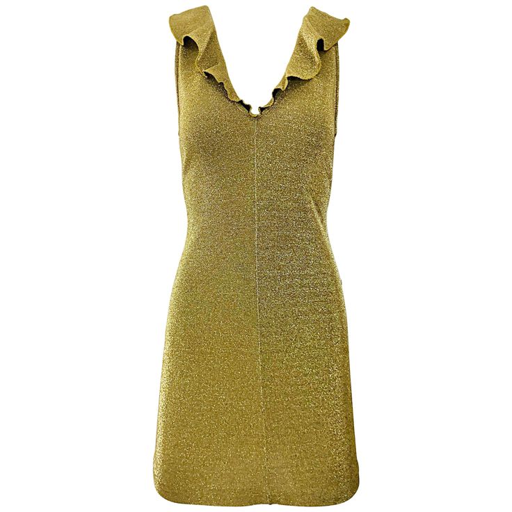 Sexy 1990s MARGANO Italian made gold metallic jersey bodycon dress! Features a luxurious gold jersey that stretches to fit. Flirty ruffle collar. Great alone or belted. The pictured black velvet Yves Saint Laurent YSL is also available in my 1stDibs Shop. In great condition. Made in Italy Approximately Size Medium - Large (lots of stretch, and can easily be altered down for a smaller size) Measurements: (lots of stretch) 34-40 inch bust 30-36 inch waist 38-44 inch hips 34 inches from top back shoulder seam to hem Southern Dress, A Lot Of Clothes, Future Nostalgia, Jersey Vintage, Designer Evening Dresses, Mini Robes, 90s Dress, Ruffle Collar, 60s Fashion