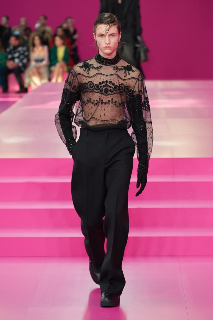 Flamboyant Fashion Men, Lace Male Outfit, Sheer Mens Fashion, Modeling Aesthetic Runway Men, Men’s Sheer Shirt, Gothic Masquerade, Sheer Top Menswear, Valentino Fall 2022, Valentino Menswear