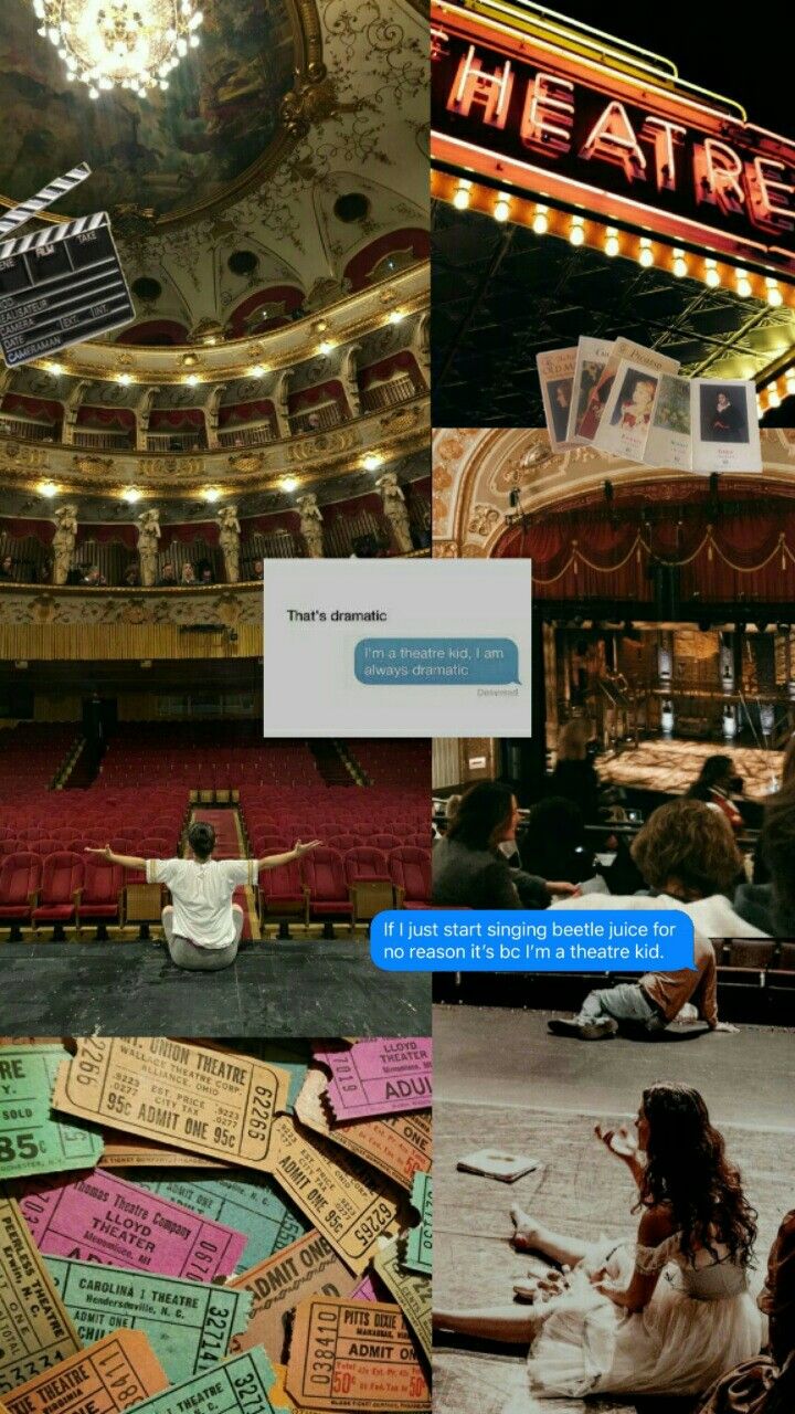 there is a collage of photos with people sitting on the floor in front of theater