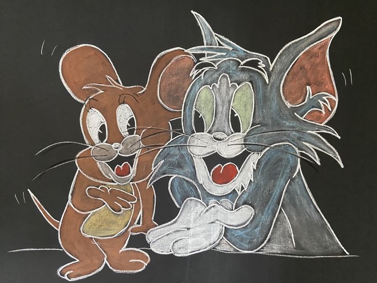 two cartoon mouses are standing next to each other on a blackboard with colored crayons