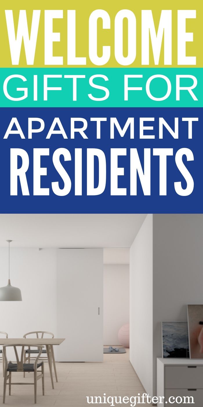 the words welcome gifts for apartment residents are in blue, yellow and green letters that read welcome gifts for apartment residents