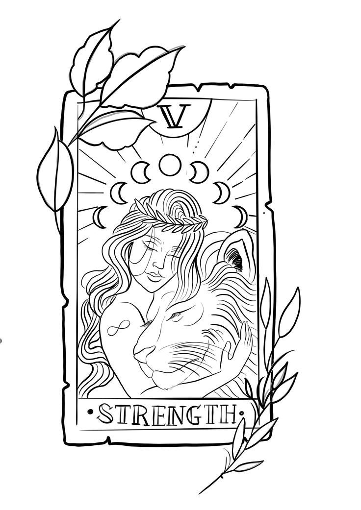 a black and white drawing of a tarot card with the word strength on it