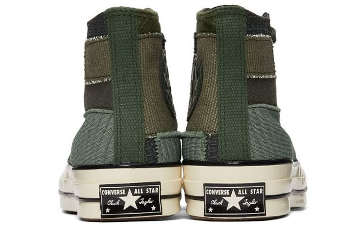 Converse Chuck 70 Hi 'Mono Patchwork - Black Forest' Black/Forest Green/Egret/Sand 167138C Green Scenecore, Shark Converse, Indie Sneakers, Converse Patchwork, Patchwork Converse, Cool Converse, Converse Design, Hippie Shoes, Grunge Shoes