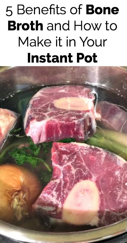 beef and onions cooking in a pot with the words 5 benefits of bone broth and how to make it in your instant pot