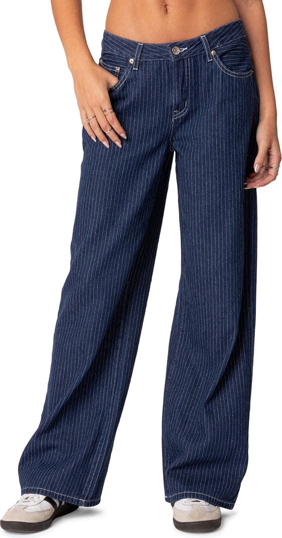 EDIKTED Pinstripe Wide Leg Low Rise Jeans | Nordstrom Pinstripe Pants Outfit, Pinstripe Jeans, Pinstripe Pants, Striped Jeans, Street Style Chic, Photos Of Women, Feminine Outfit, Low Rise Jeans, Wide Legs