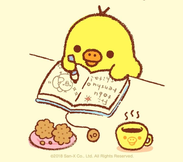 a drawing of a yellow bird reading a book next to a cup of coffee and cookies