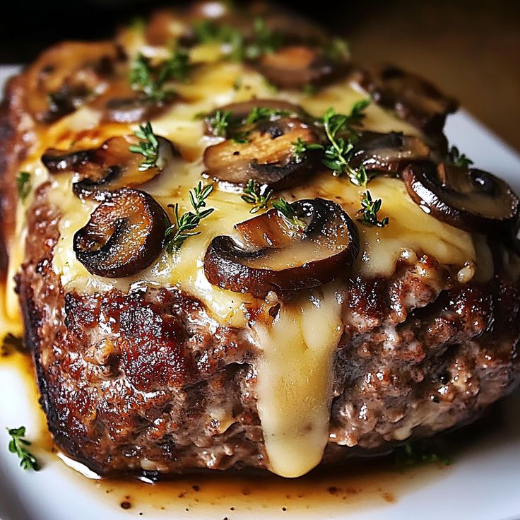 a piece of meat covered in cheese and mushrooms