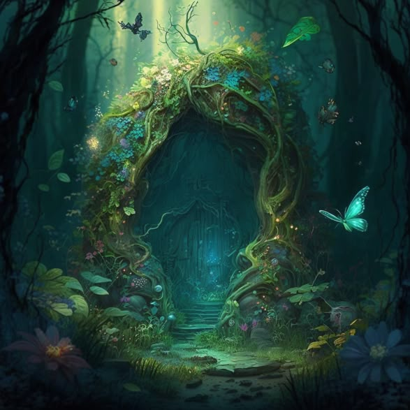 an image of a green door in the woods with butterflies flying around it and flowers all around