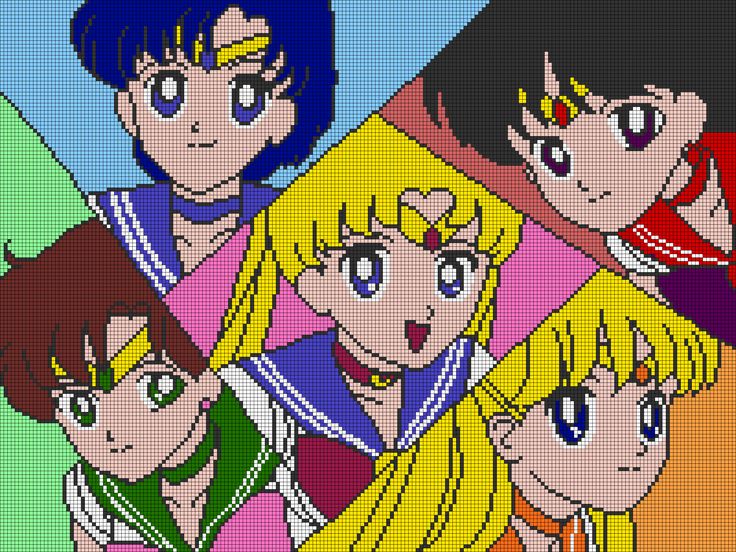 an image of some anime characters with different colors and sizes on their faces, all looking like they're from the same era