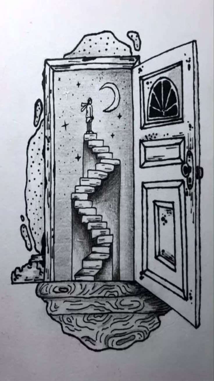 an open door with stairs leading to the moon and stars on it, in front of a spiral staircase