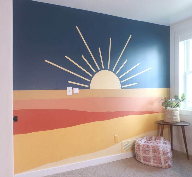 the sun is shining brightly on the wall in this room with blue and yellow walls