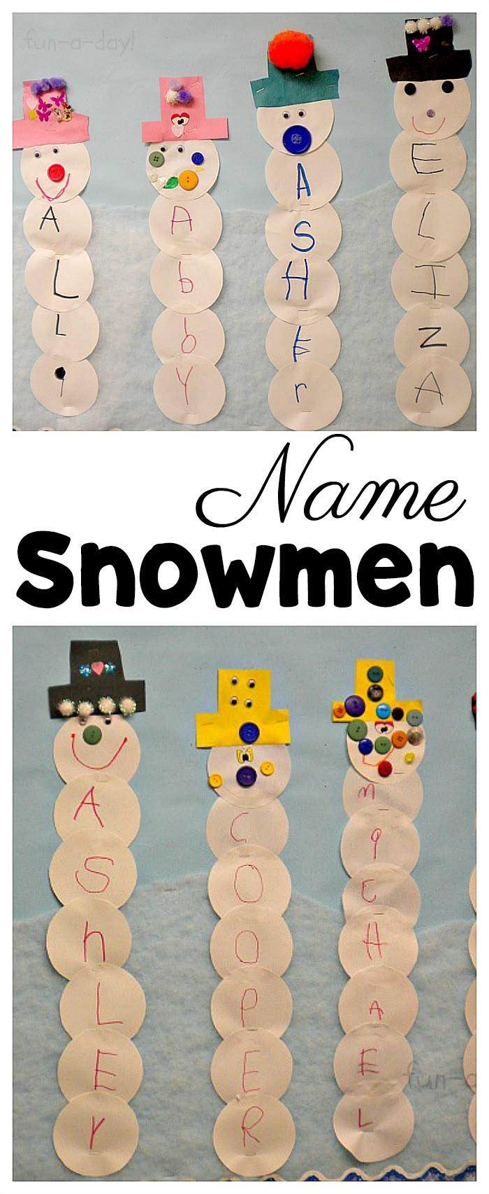 snowmen made out of paper plates with the words name and number written on them