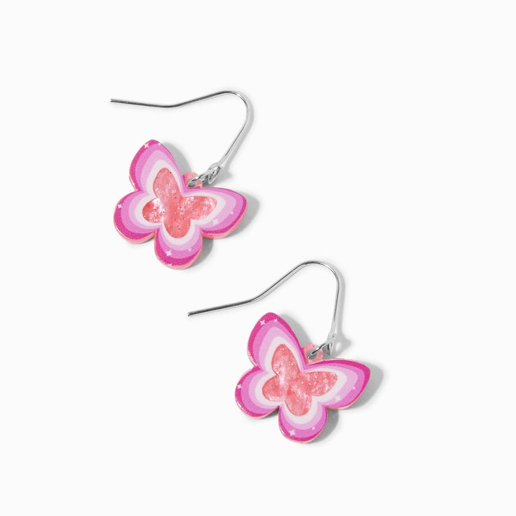 Claire's Pink Acrylic Butterfly 1" Drop Earrings Pink Butterfly Earrings For Summer, Trendy Pink Butterfly Charm Jewelry, Summer Pink Pierced Jewelry, Trendy Pink Jewelry With Butterfly Charm, Pink Butterfly Charm Drop Earrings, Pink Drop Earrings With Butterfly Charm, Pink Butterfly Jewelry For Summer, Nickel-free Pink Jewelry For Summer, Trendy Pink Sterling Silver Earrings