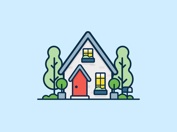 a house with trees and bushes around it on a light blue background that says home