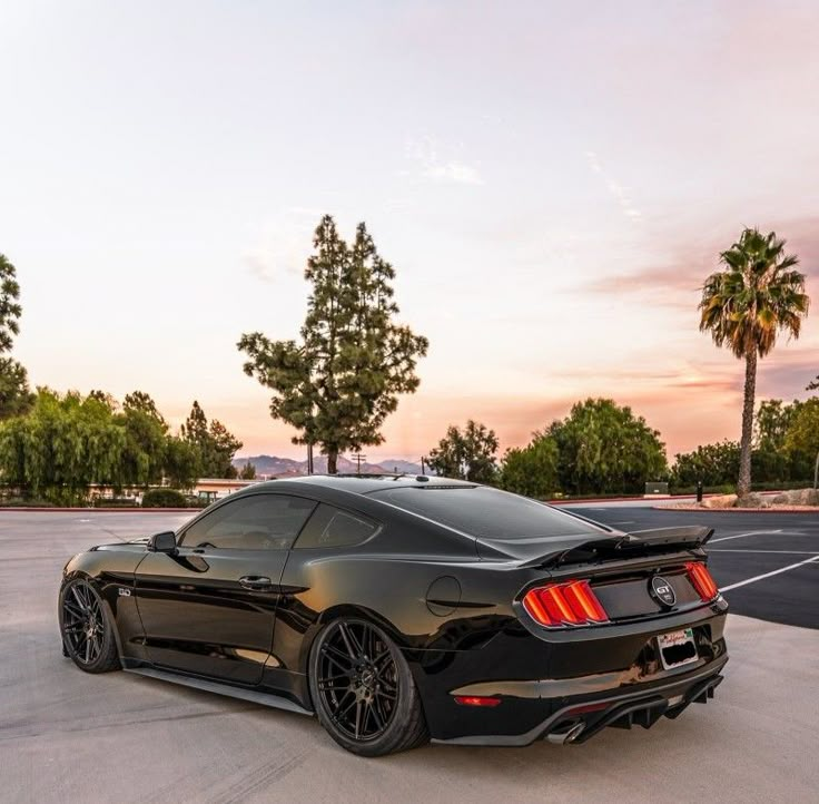 a black sports car parked in a parking lot with palm trees and sunset behind it