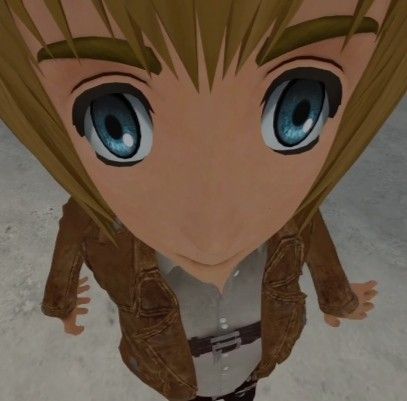 an animated image of a person with blue eyes and blonde hair, standing in front of the camera