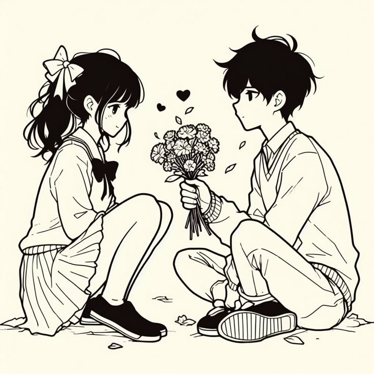 a man kneeling down next to a woman holding a bouquet of flowers while sitting on the ground