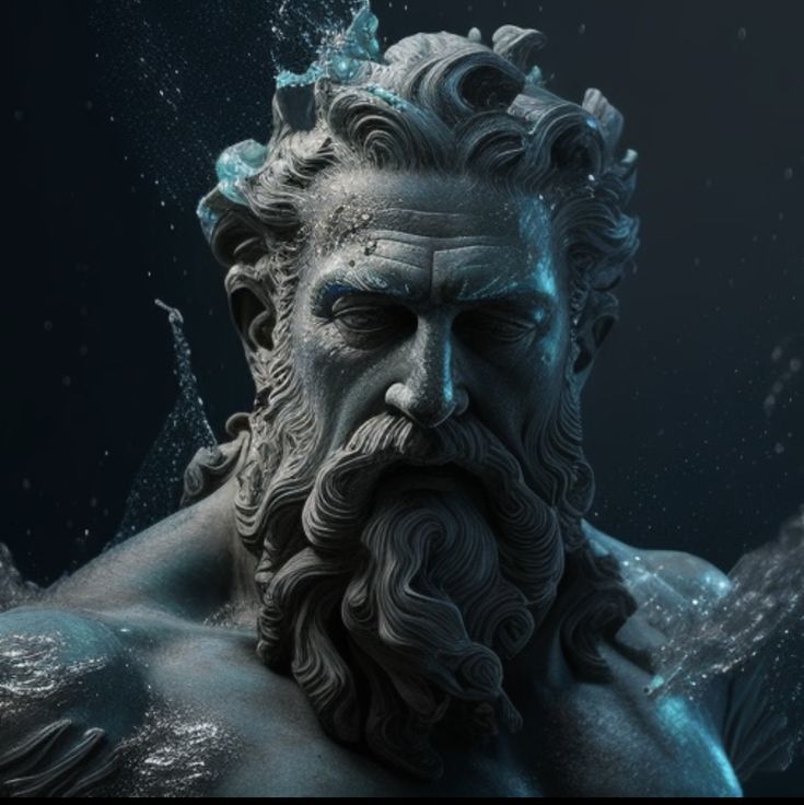 an image of a statue with water splashing on it's face and beard