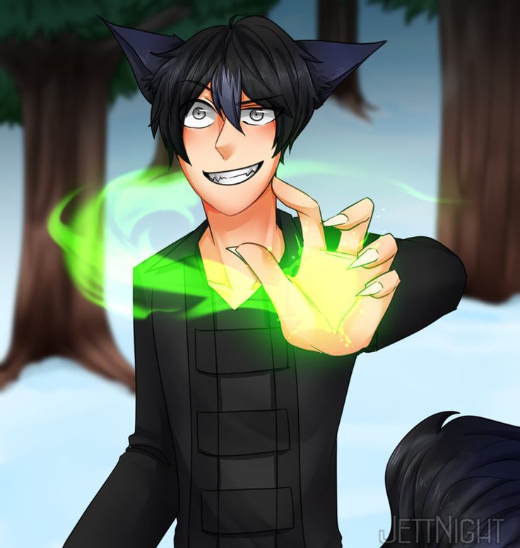 an animated image of a man with black hair and green eyes in front of trees