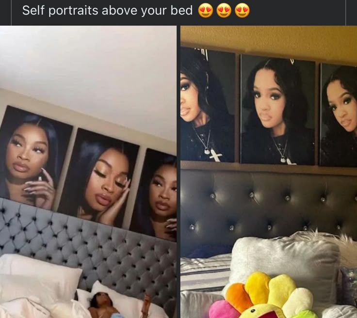 two pictures of women in different rooms one has a teddy bear and the other has photos of them