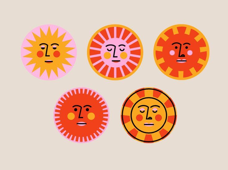 four different colored faces are in the shape of sunbursts